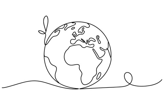 Continuous single line drawing of planet earth globe with a small sprout leaf for nature conservation and environmental protection concept Vector, illustration