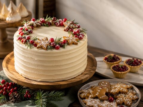 Christmas Cake with Cranberries and Gingerbread Cookies
