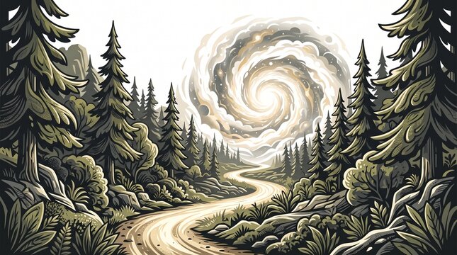 Winding dirt path meanders through a serene forest of tall pine trees beneath a luminous, swirling cloud vortex that illuminates the sky with soft, ethereal light, creating a peaceful and dreamlike.