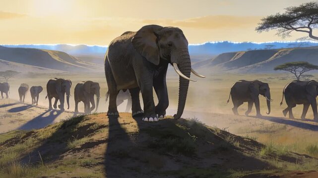 Sunrise lighting lead bull shifting, descending savanna mound toward pool for water, herd following