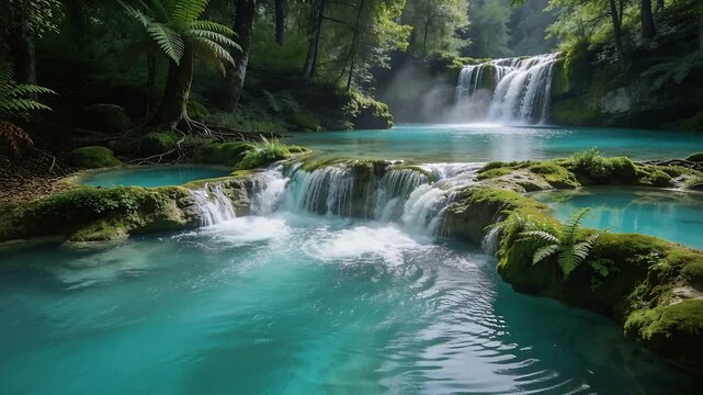 Flowing tiered waterfall over mossy ledges, turquoise pool making ripples in gorge, gravity pulling