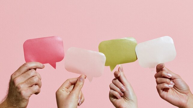 Diverse hands holding colorful blank speech bubbles against a pink background, representing communication, opinions and conversation