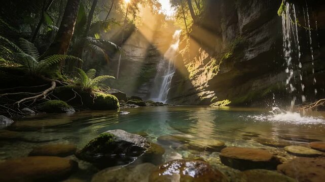 Showing plunging waterfall and pool in forest gorge, right cascade splashing, ripples shifting