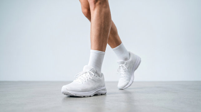Person wearing white athletic sneakers taking a step forward in side view, low angle close up shot on light floor. Daily walking progress, fitness lifestyle and sports shoe concept.