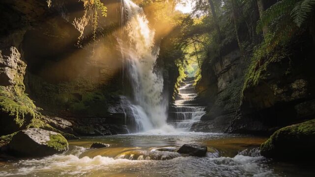 Spilling central waterfall falling as gravity pulling water over stepped ledges at forest gorge