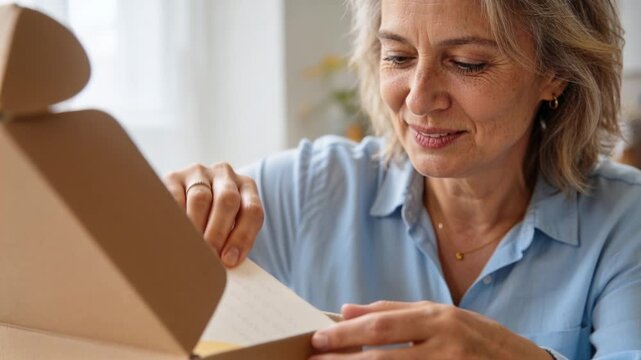 Lifting box lid upon parcel arrival, woman wearing blue shirt, reading thank you card at home