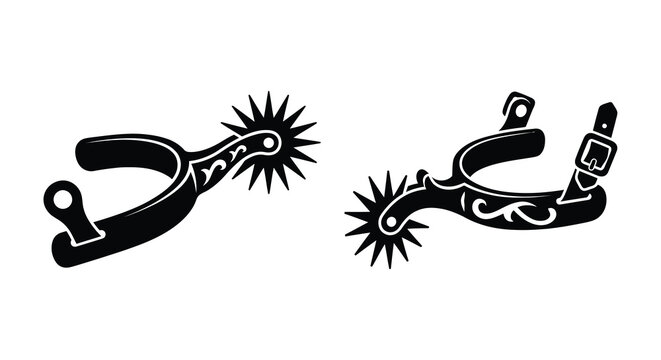 Black silhouette of western spurs with rowels and straps against a white background