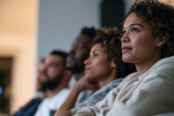 Obraz premium A group of friends sits closely, absorbed in a moment as they watch a screen, emphasizing the significance of connection and shared experiences in modern friendships.