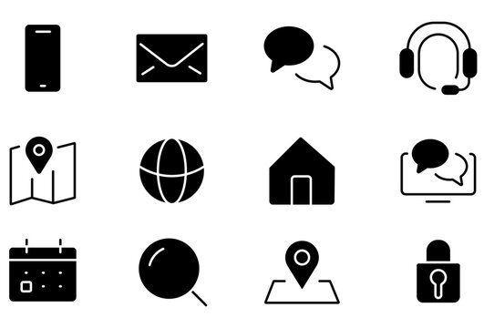 Minimalist contact icons set, black solid communication symbols, 12 vector web interface elements for business apps