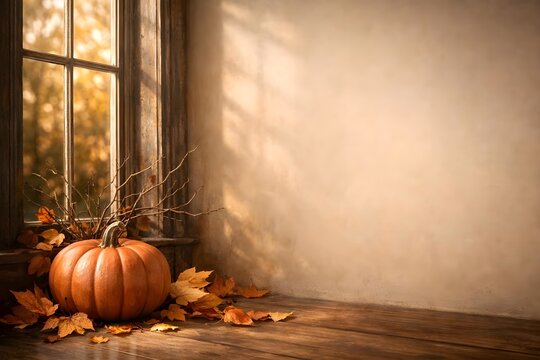 cozy autumn pumpkin decoration beside a sunlit window with warm neutral wall and spacious copy space
