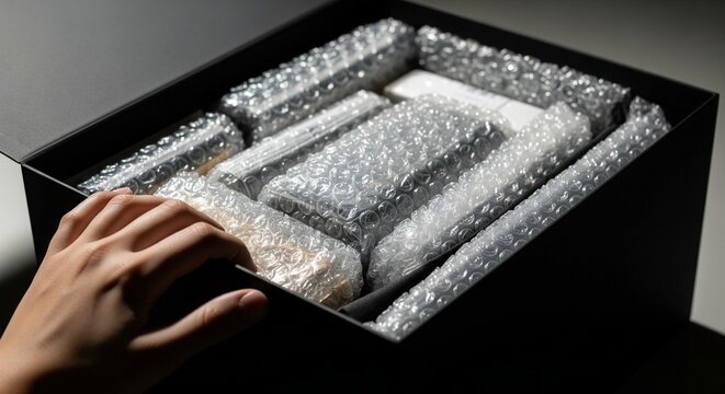 Hand opening a black box revealing items carefully packed with protective bubble wrap for secure