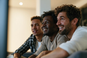 Obraz premium Three friends are engaged in a joyful movie night, showcasing laughter and camaraderie as they watch a film together in a cozy living space filled with warmth and comfort.