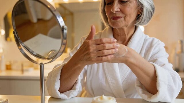 Scooping cream from jar, senior woman in white robe moisturizing hands at vanity, checking mirror