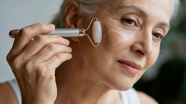 Noting cream strip, senior pressing stone roller gliding upward blending cream into skin at vanity
