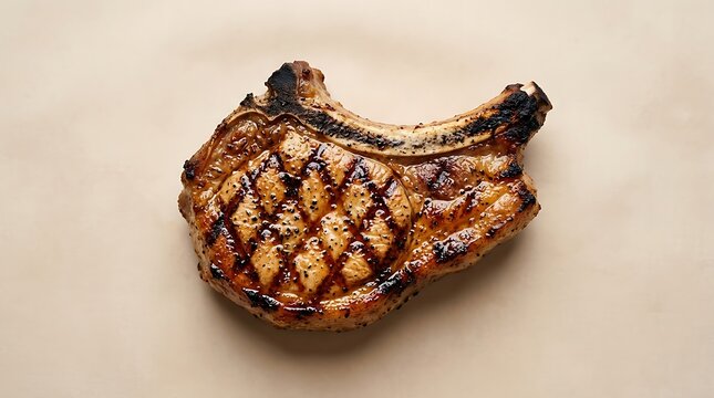 Grilled pork chop steak with char marks and small edible flowers on a simple clean surface for dinner food. chuleta de cerdo
