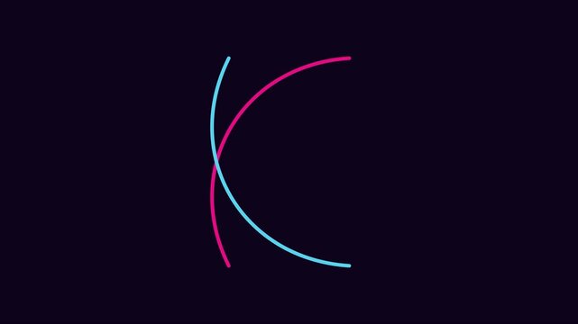 Minimalist neon arc motion abstract cyan and magenta curved lines rotating on dark animation 4k background