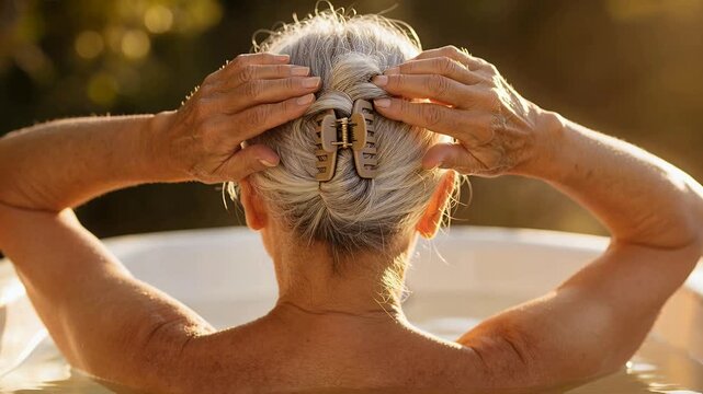 Raising arms, senior fastening claw clip, securing hair in outdoor tub with water, bare back, studs