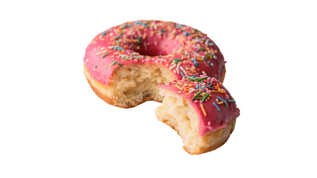 Delicious glazed pink donut confectionery sweet bakery dessert isolated on a white background