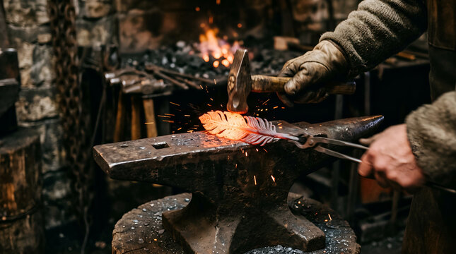 Blacksmith hammering glowing hot metal feather shape on anvil in traditional forge workshop