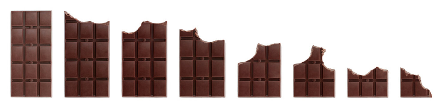 Set of bitten chocolate bars isolated on transparent background. Sweet food collage for dessert, snack, and creative culinary projects