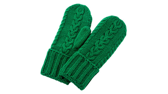 Pair of green knitted woolen gloves warm winter clothing accessory isolated on white background
