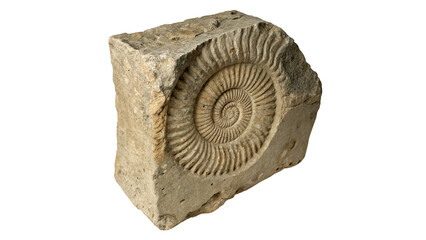 Ancient petrified spiral ammonite fossil shell geology specimen isolated on a white background © HarryThomasEvans