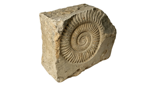 Ancient petrified spiral ammonite fossil shell geology specimen isolated on a white background