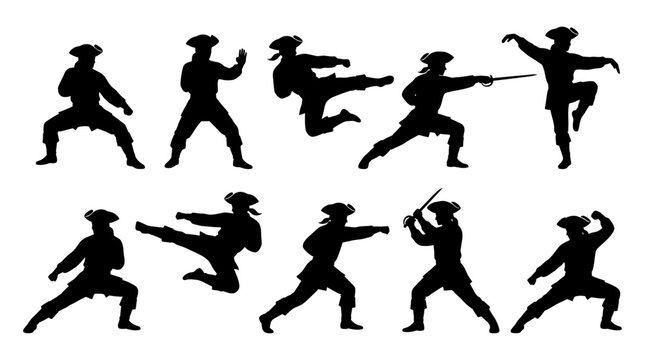 Pirate silhouette collection featuring various dynamic fighting poses in this detailed black vector graphic art design