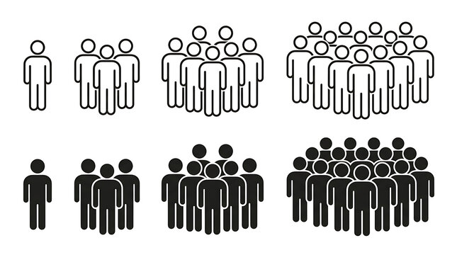 People group icon set showing increasing crowd size from single person to large audience