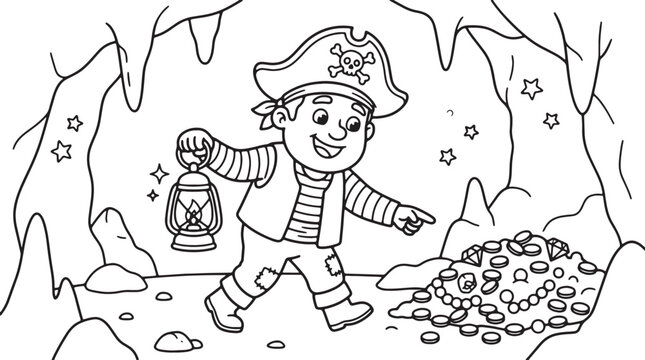 Happy cartoon miner holding pickaxe and lantern in rocky cave helmet