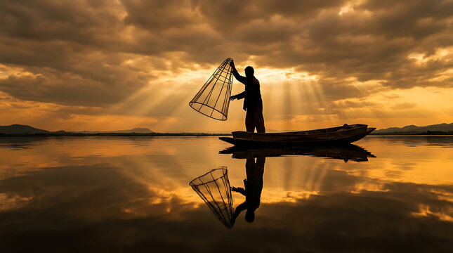 Thai fisherman casting a net from a boat at sunset with dramatic golden hour reflections.