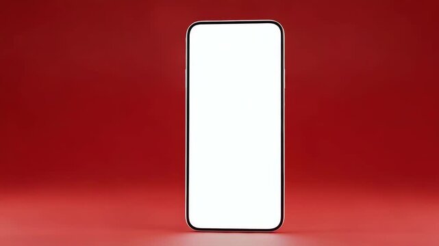 A modern smartphone with a blank white screen mockup, positioned upright against a solid, vibrant red background