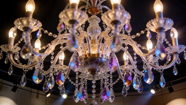 Moving camera focusing chandelier in gallery showroom, crystals refracting warm cool light