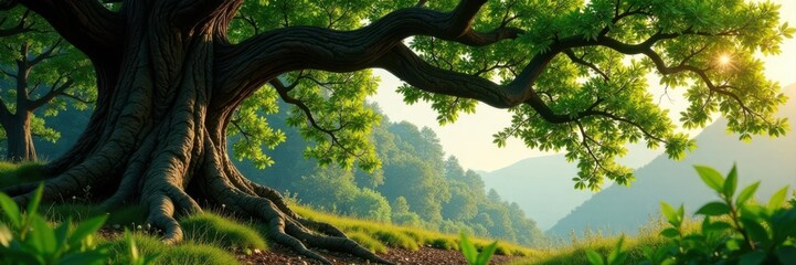 Fototapeta premium Ancient oak trunk, thick branches forming a crown , majestic, outdoors, tree