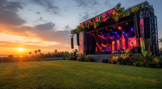 summer outdoor music festival stage with colorful floral decorations in a green field at sunset