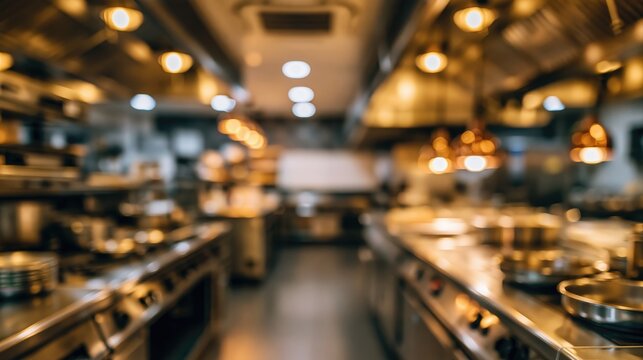 Defocused view of a commercial restaurant kitchen with cooking equipment