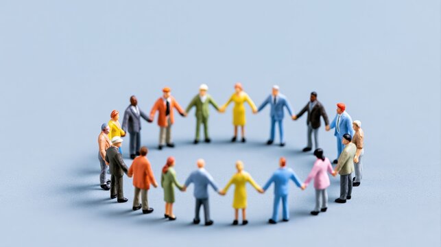 Diverse miniature professionals forming an inclusive circle