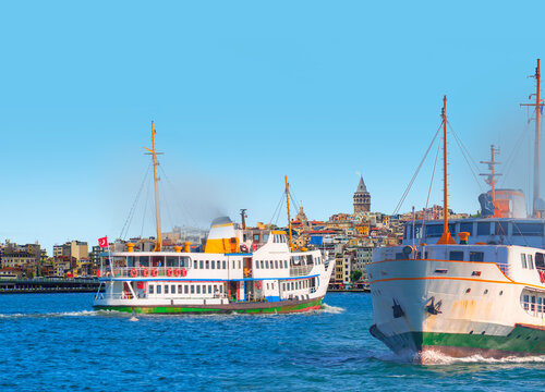Sea voyage with old ferry (steamboat) in the Bosporus - Galata Tower, Galata Bridge, Karakoy district and Golden Horn, istanbul 
