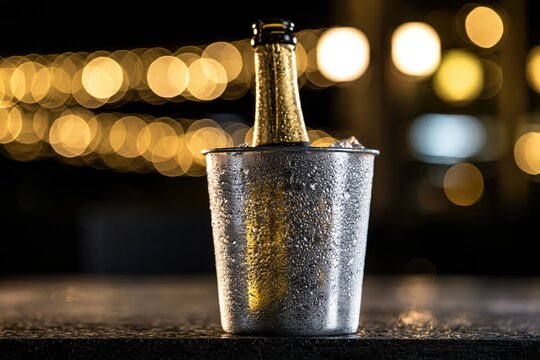 Frosted champagne bottle in ice bucket on dark surface with golden bokeh