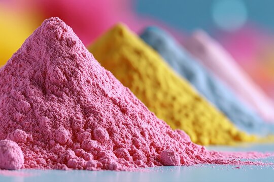 Holi powder in pastel pink and yellow tones on white surface