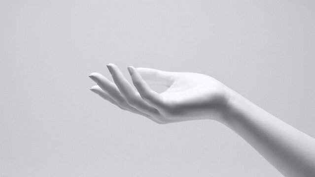 White mannequin hand in an open, cupped gesture against a plain background