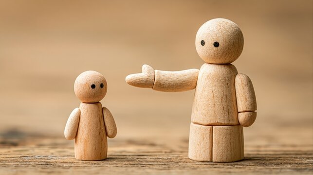 Mentoring and coaching concept with larger miniature wooden figure