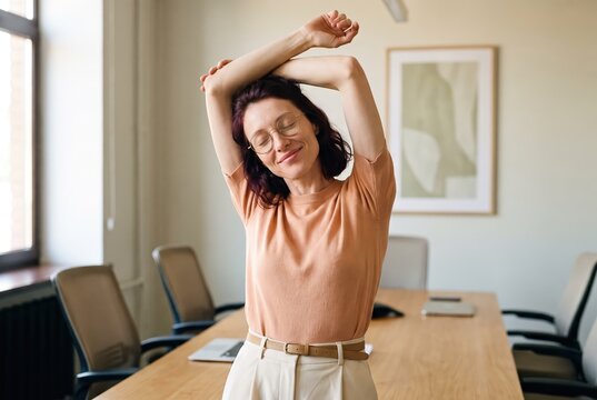 Generative AI, Businesswoman stretching arms taking break in office