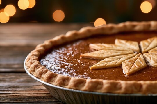 Pumpkin pie with geometric pastry cut out topping on wooden table