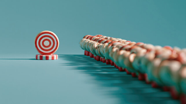 Motivation and goal pursuit concept with miniature wooden figures lined up towards a target