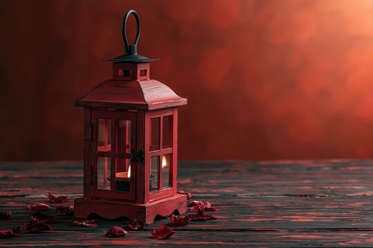 Small red lantern on aged dark wood with scattered red rose petals