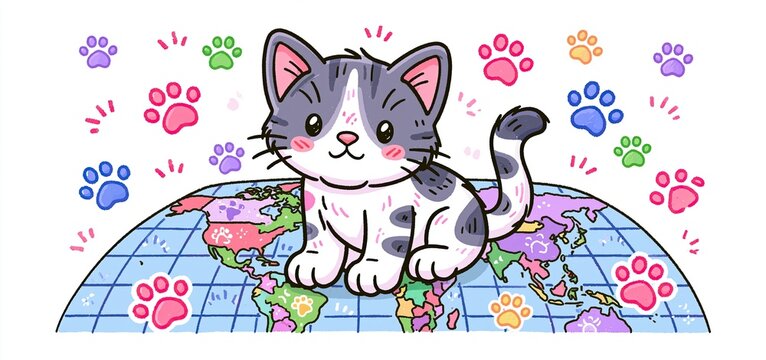 Illustrated kitten sitting on a world map with colorful paw prints, symbolizing International Cat Appreciation Day.