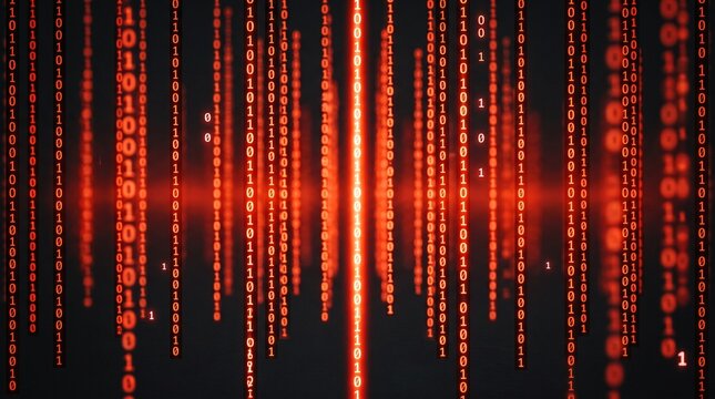 Red binary code digital background representing a cyber attack or data security breach.
