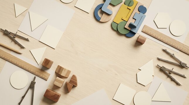 Classroom flat lay with geometric shapes, wooden blocks, rulers, and compasses for education and learning.