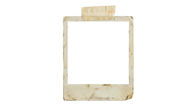 Old vintage polaroid photo frame with tape isolated on transparent background